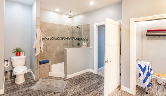 Walk in shower with enormous closet, a custom feature in this modular home floor plan. 